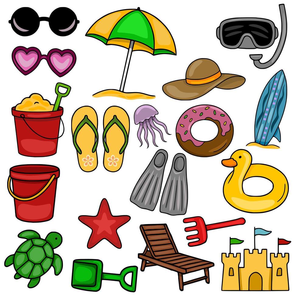 Vibrant illustration of a playful summer beach collection, featuring sunglasses, beach umbrella, diving mask, surfboard, beach toys, flipflops, jellyfish, donut, inflatable ring, turtle, an... vector