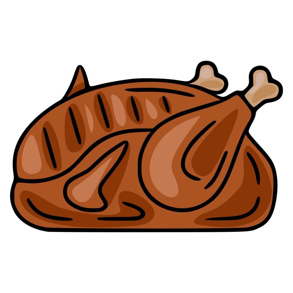 Roasted Chicken Illustration A detailed depiction of a whole roasted chicken with visible grill marks, showcasing a stylized, cartoonish design in warm brown tones. vector