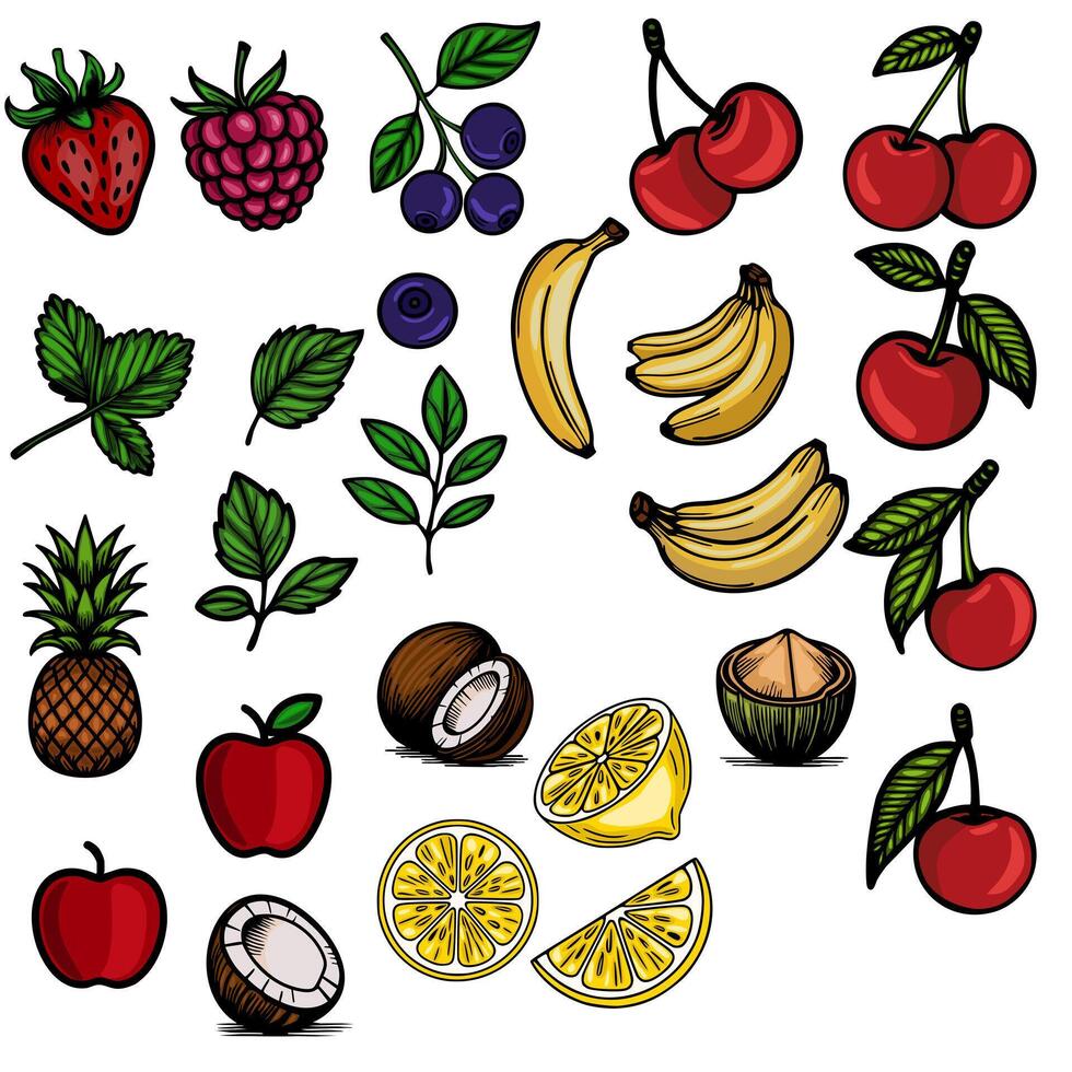 A vibrant illustration featuring a diverse collection of handdrawn fruits, including strawberries, raspberries, blueberries, cherries, bananas, pineapple, apples, coconut, and lemons, each... vector