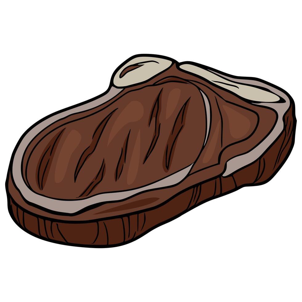 A illustration of a grilled steak, showcasing detailed textures and a rich brown color palette, perfect for menu designs or culinary publications. vector