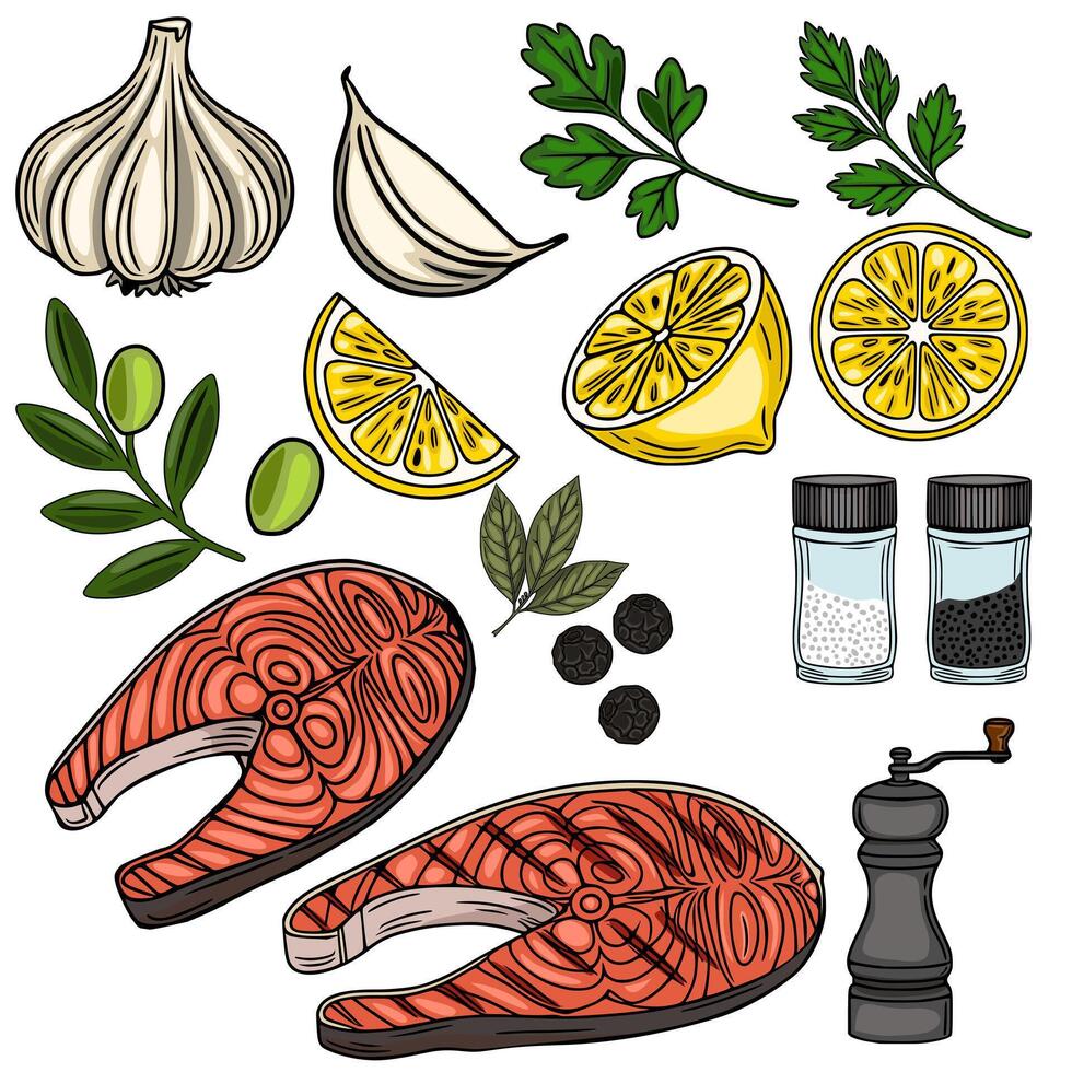 Delicious illustration of grilled salmon steaks, lemons, garlic, olives, parsley, bay leaves, peppercorns, salt and pepper shakers, and a pepper mill, perfect for culinary designs and foodr... vector