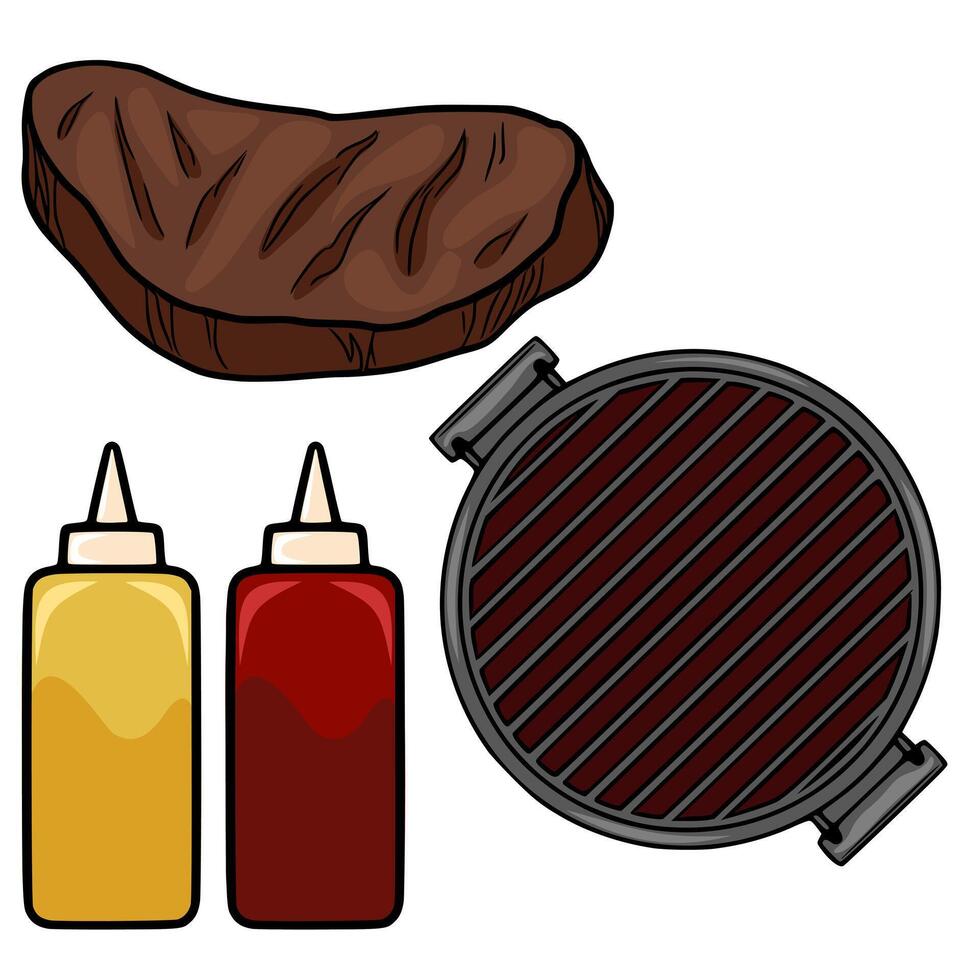 Delicious illustration of a grilled steak, round grill, and condiment bottles, perfect for menu design or BBQ themed projects. vector