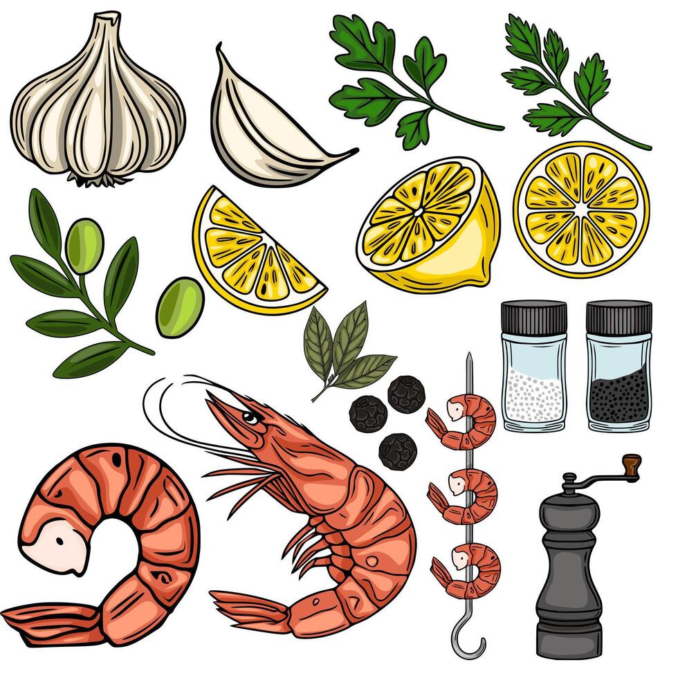 A vibrant illustration featuring a collection of handdrawn seafood and Mediterranean ingredients, including shrimp, garlic, lemons, olives, parsley, bay leaves, peppercorns, salt, and a pep... vector