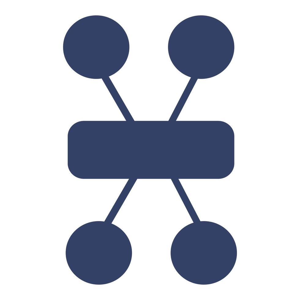 Abstract illustration of a central rectangular element connected to four circular elements, representing a network or connection concept in a minimalist navy blue color scheme. vector