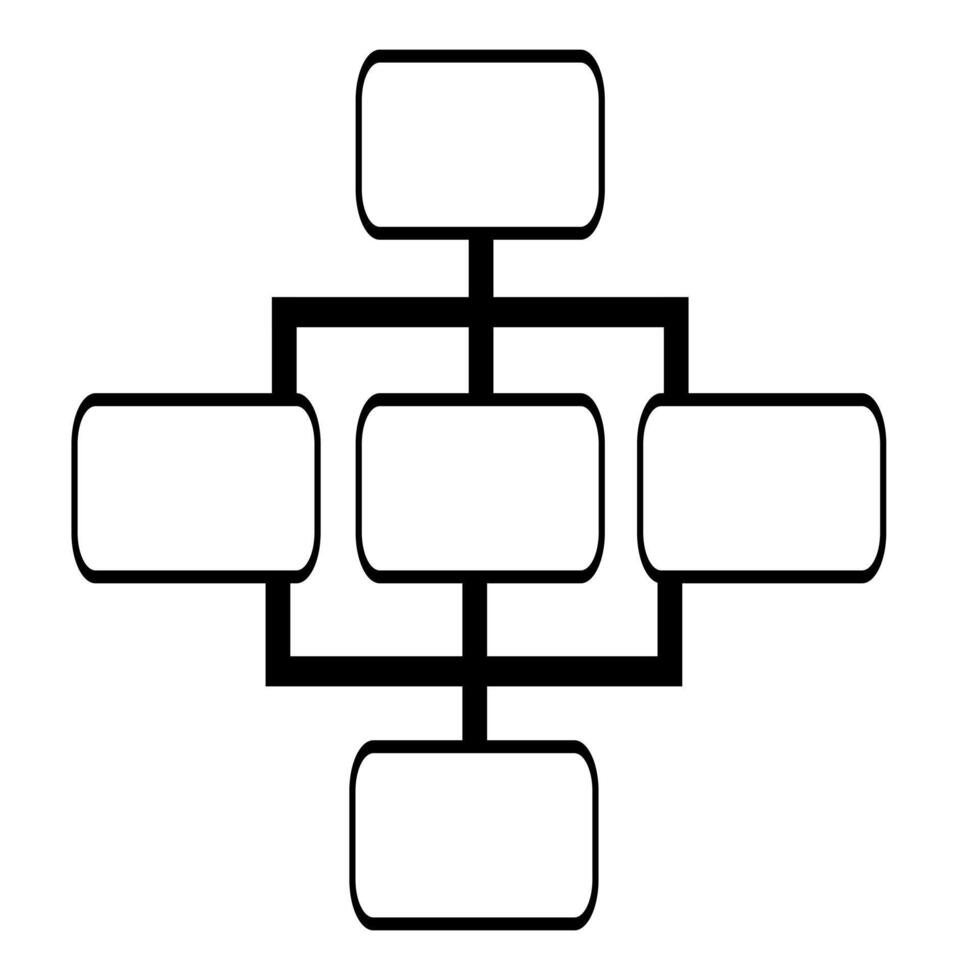 Abstract flowchart illustration with interconnected rectangular blocks, ideal for presentations or diagrams, featuring a unique symmetrical design and bold black lines. vector