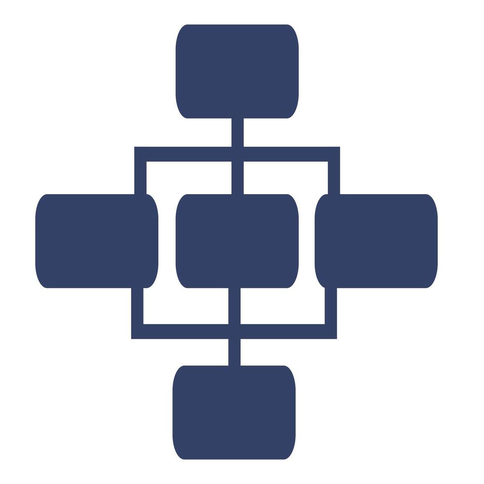 Abstract illustration of a network connection, featuring a central square with four connected rectangular nodes, rendered in a minimalist style with a dark blue color palette. vector