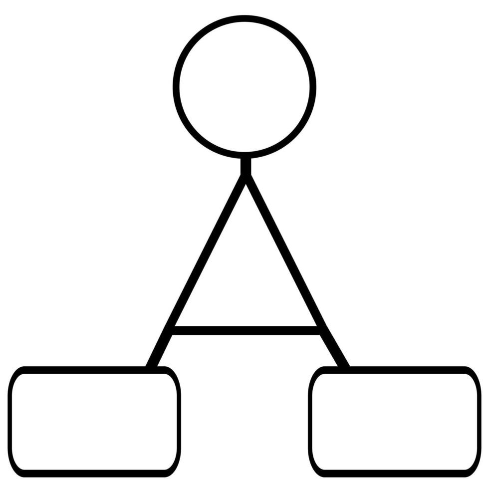 Abstract illustration of a simple flowchart with a circle on top and two rectangular boxes at the bottom, connected by bold lines forming a triangular structure. vector