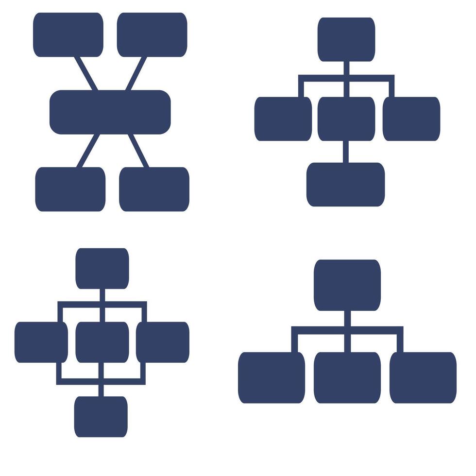 Set of four unique flowchart diagrams with rounded rectangles, representing various hierarchical structures and organizational charts, suitable for business presentations or technical docume... vector