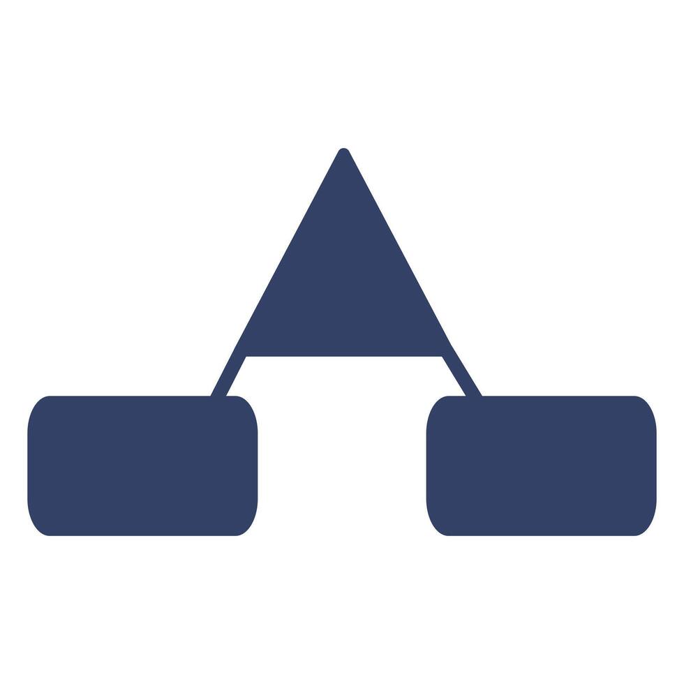 Abstract illustration of a minimalist flowchart featuring a central triangle connecting two rectangular nodes, rendered in a dark blue palette. vector
