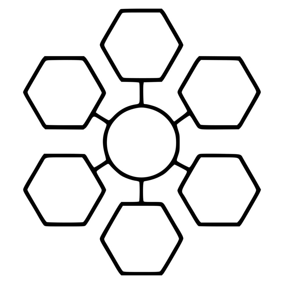 Abstract illustration of a central circle connected to six hexagons, creating a unique geometric snowflakelike design with bold black lines on a white background. vector