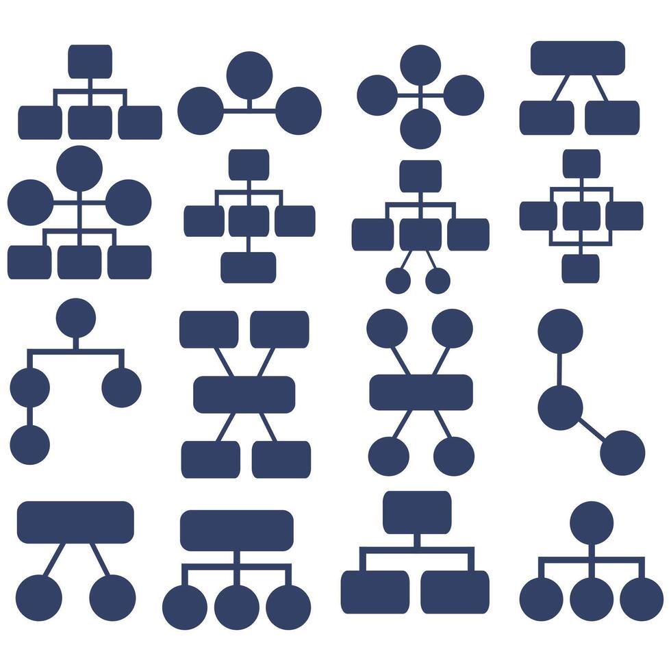 A set of sixteen unique hierarchy chart icons, featuring a combination of circles and rectangles in a darkblue shade, offering diverse organizational structures for visual representation. vector