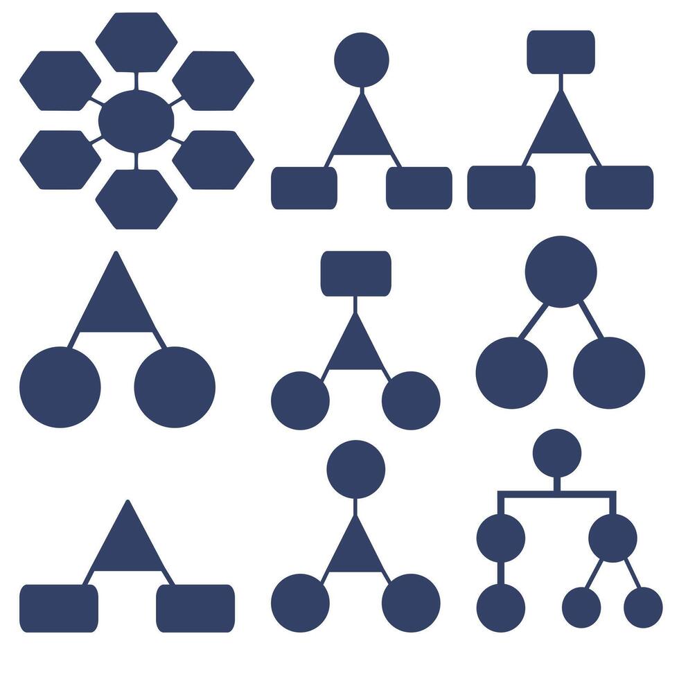 Collection of organizational chart diagrams, featuring various shapes including hexagons, circles, triangles, and rectangles, in a dark blue color scheme. vector