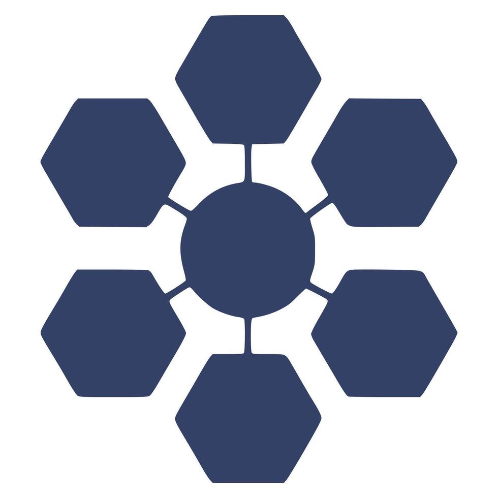 Abstract illustration of a central circle connected to six hexagonal shapes, creating a unique geometric design in a deep navy blue color. vector