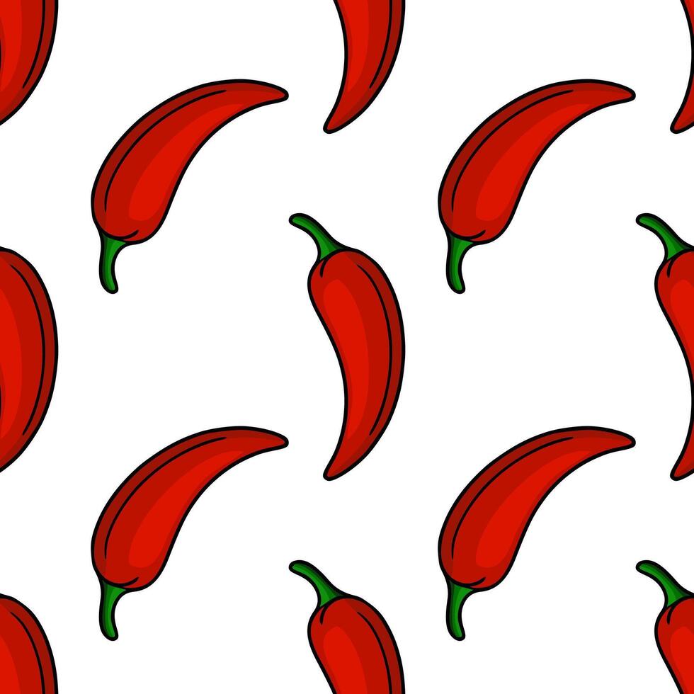 Seamless pattern of vibrant red chili peppers with a handdrawn style, featuring a bold outline and gradient shading for a playful, spicy design. vector