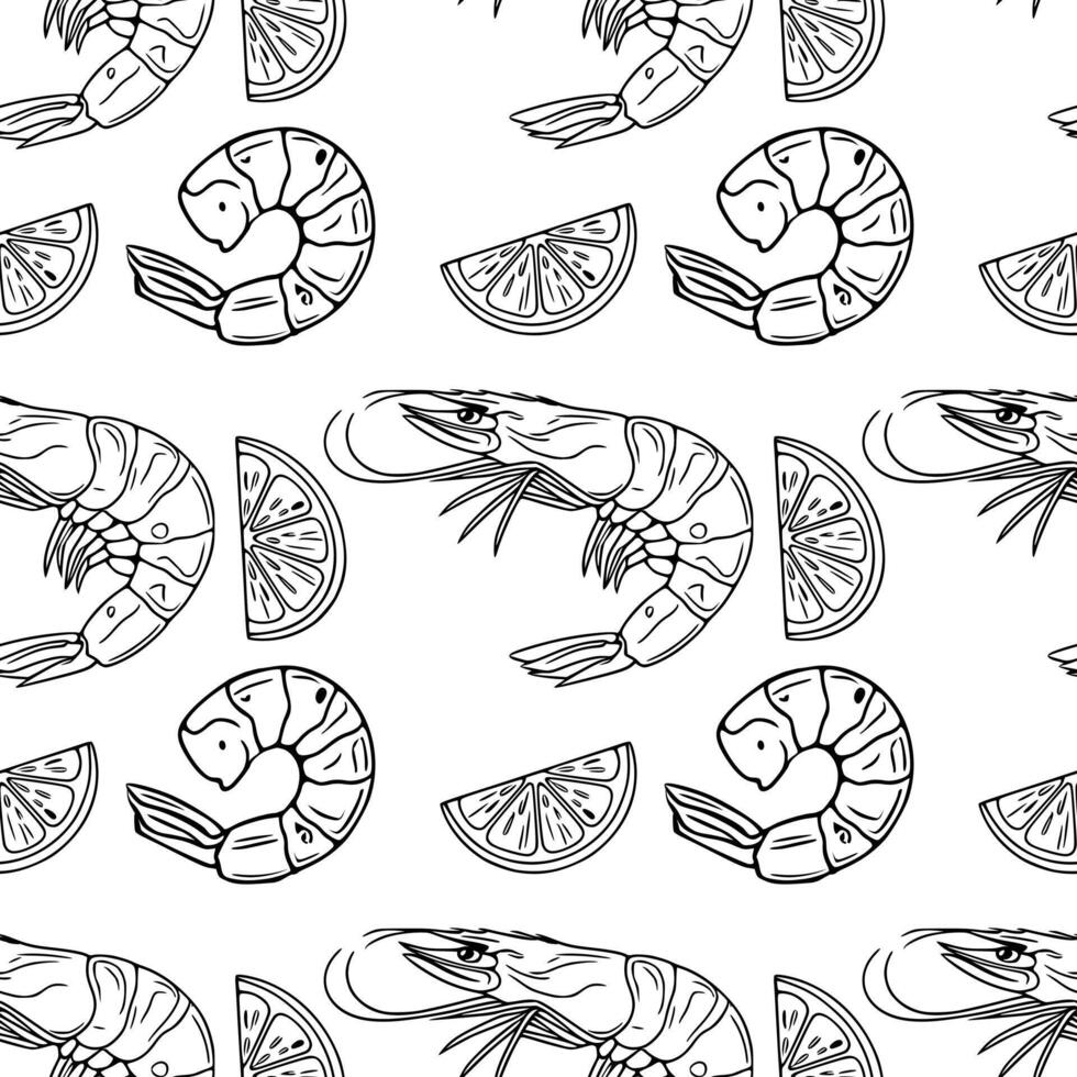 Seamless outline pattern of handdrawn shrimps and lemon slices, a stylish black and white illustration perfect for culinary designs and food packaging. vector