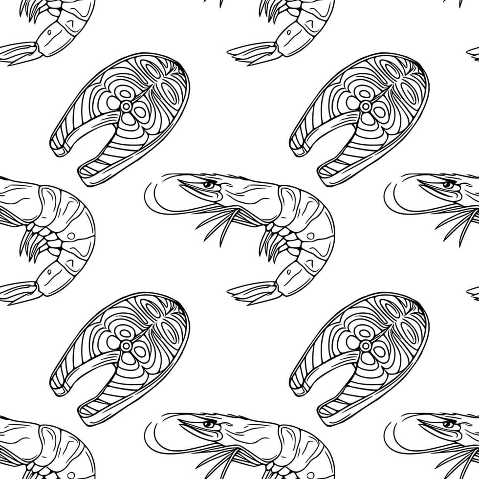 Seamless outline pattern of handdrawn shrimps and salmon steaks, a stylish black and white illustration perfect for seafood restaurant menus or culinary designs. vector