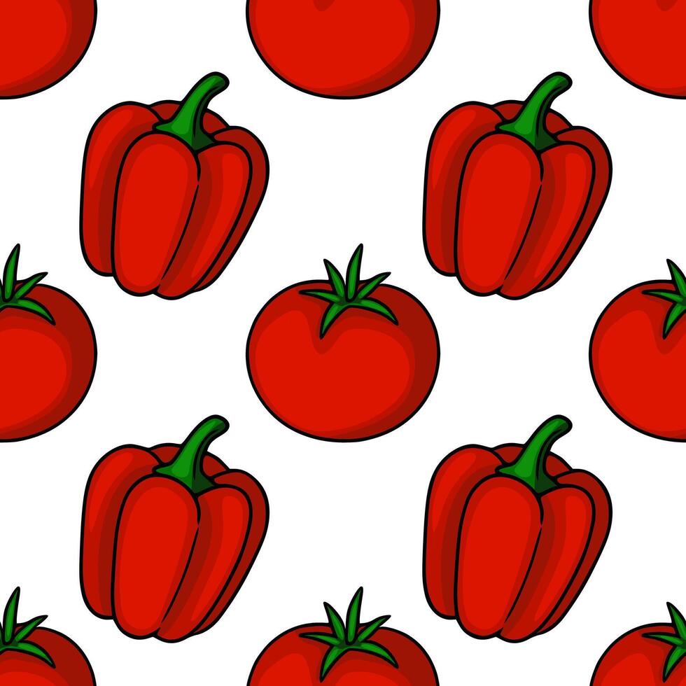 Seamless pattern of red bell peppers and tomatoes, vibrant illustration with bold outlines on a white background, perfect for kitchen designs or foodrelated projects. vector