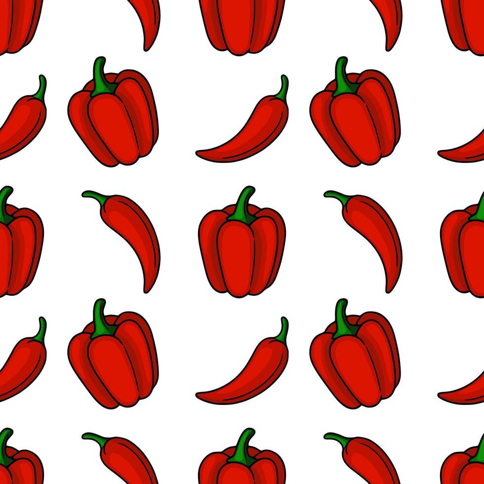 Seamless pattern of handdrawn red bell peppers and chili peppers, vibrant and playful design for food packaging or culinary projects. vector