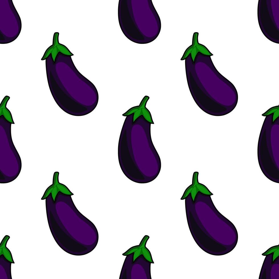Seamless pattern of stylized eggplants with gradient shading and green leaves on a white background, ideal for kitchen decor or food packaging design. vector