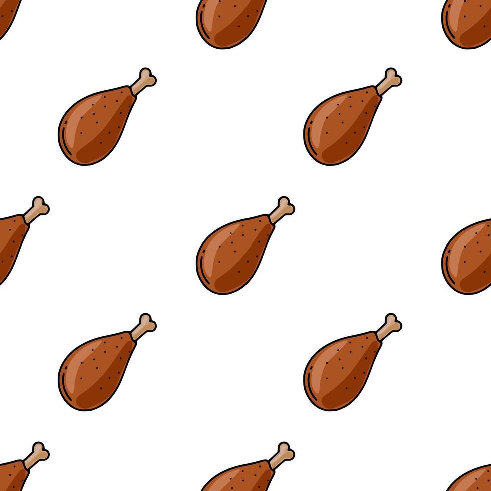 Seamless pattern of roasted chicken legs, featuring a handdrawn style with brown tones and subtle detailing for a playful yet appetizing design. vector