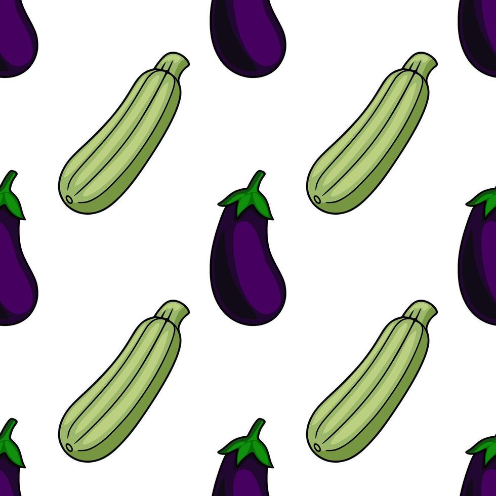 Seamless pattern of handdrawn zucchini and eggplants on white background, featuring a vibrant color palette and playful cartoon style. vector