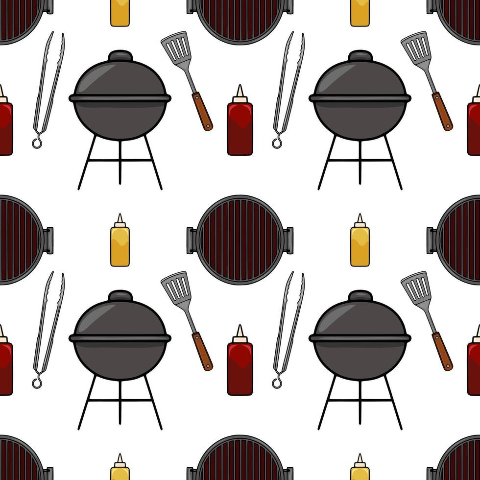 Seamless pattern of a charcoal grill, spatula, tongs, ketchup, and mustard bottles, perfect for BBQthemed designs. vector