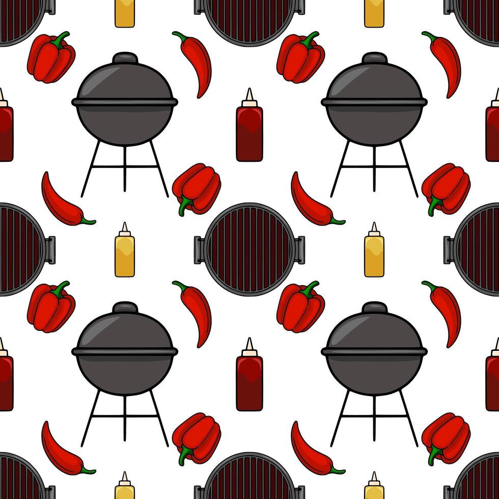 Seamless pattern featuring a cheerful BBQ grill, red bell peppers, chili peppers, ketchup, and mustard, perfect for summerthemed designs. vector