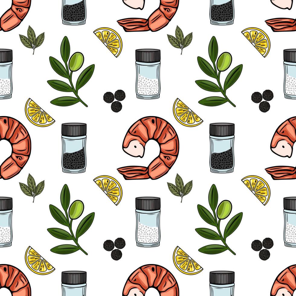 Seamless pattern of grilled shrimps, lemon slices, peppercorns, salt and olive branches on white background a vibrant illustration for culinary designs. vector