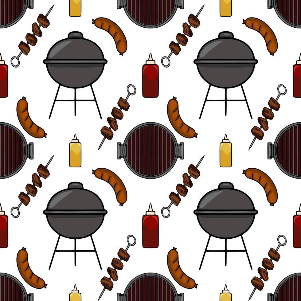 Seamless pattern of a summer BBQ party with charcoal grill, sausages, skewers, ketchup, and mustard, designed in a cartoon style. vector