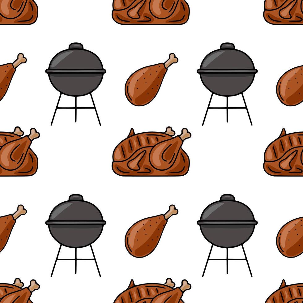 Seamless pattern featuring a cheerful BBQ illustration with roasted chicken, drumsticks, and a charcoal grill, perfect for summerthemed designs. vector