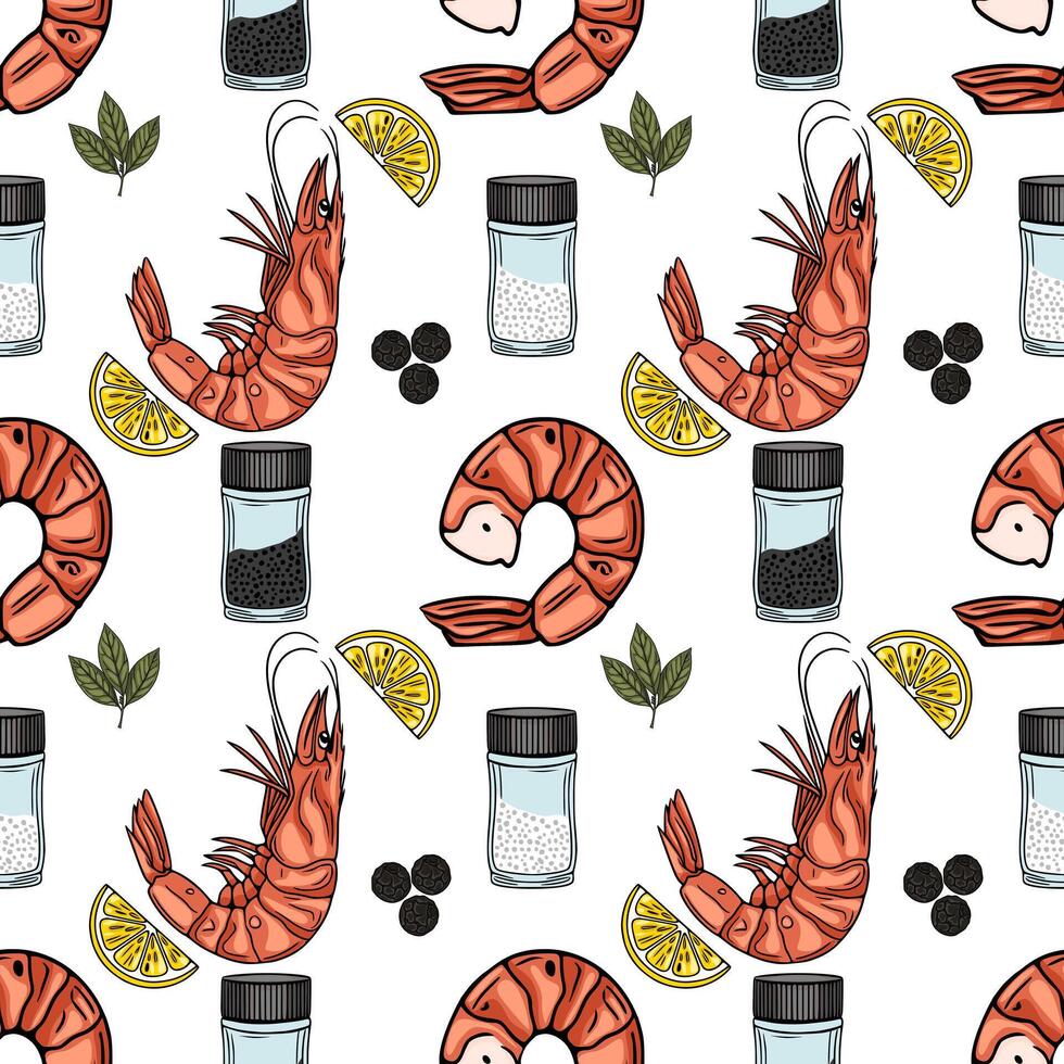 Seamless pattern of grilled shrimps, lemon slices, salt and pepper shakers, and bay leaves, creating a vibrant and appetizing culinary design. vector