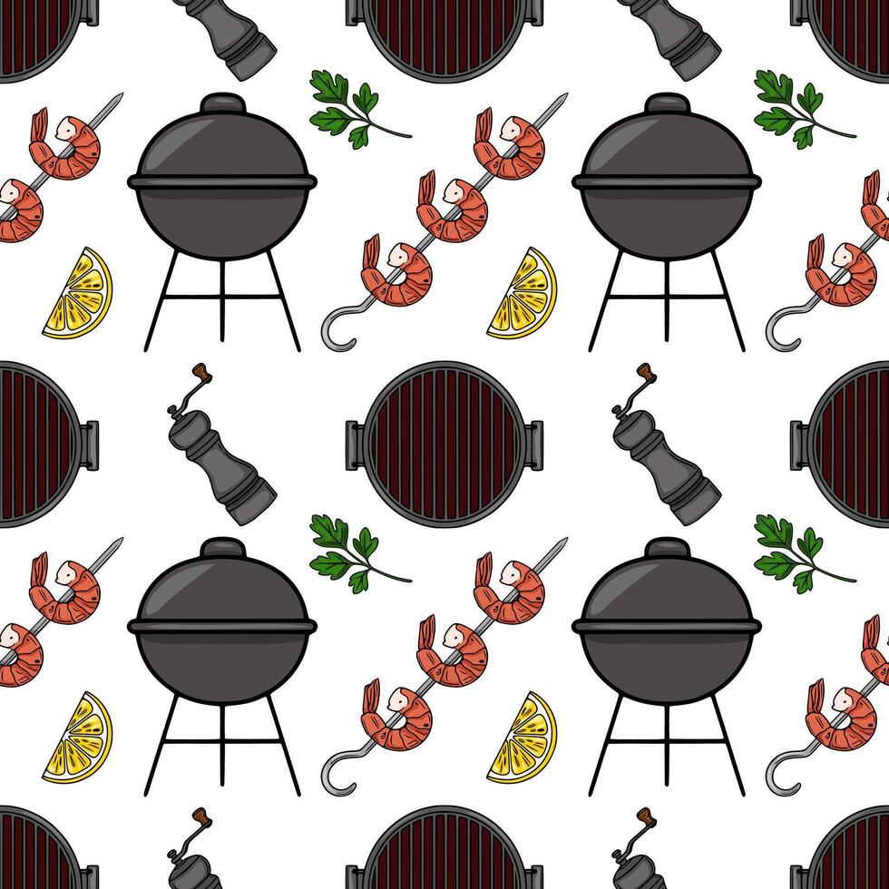 Seamless pattern of grilled shrimps, BBQ grill, lemon slices, parsley, and pepper grinder, perfect for summer food design. vector