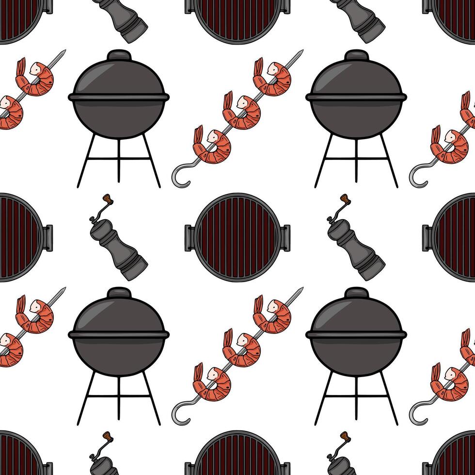 Seamless pattern of handdrawn barbeque elements charcoal grill, shrimp skewers, and pepper grinder vector