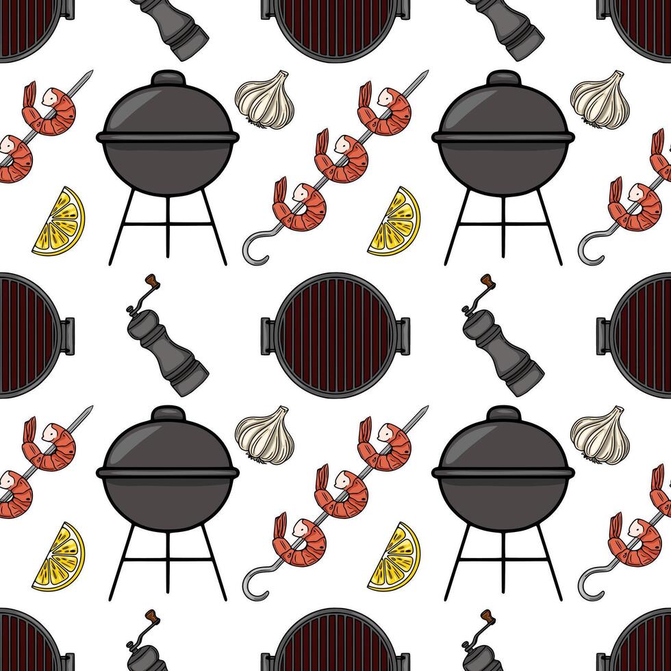 Seamless pattern of grilled shrimps, barbecue grill, garlic, lemon slices, and pepper mill, creating a vibrant summer BBQ illustration. vector