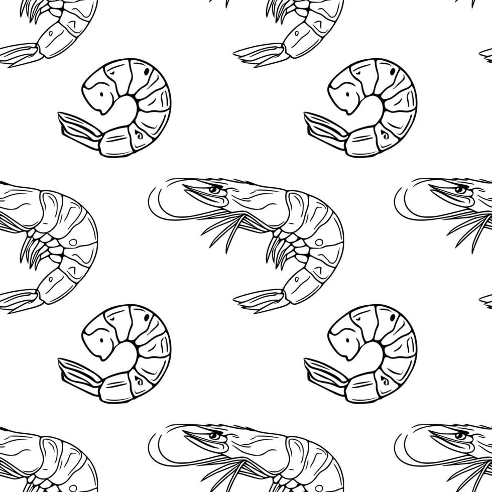 Seamless outline pattern with handdrawn black and white illustrations of shrimps in various positions, creating a stylish and detailed design perfect for culinary or seafoodthemed projects. vector