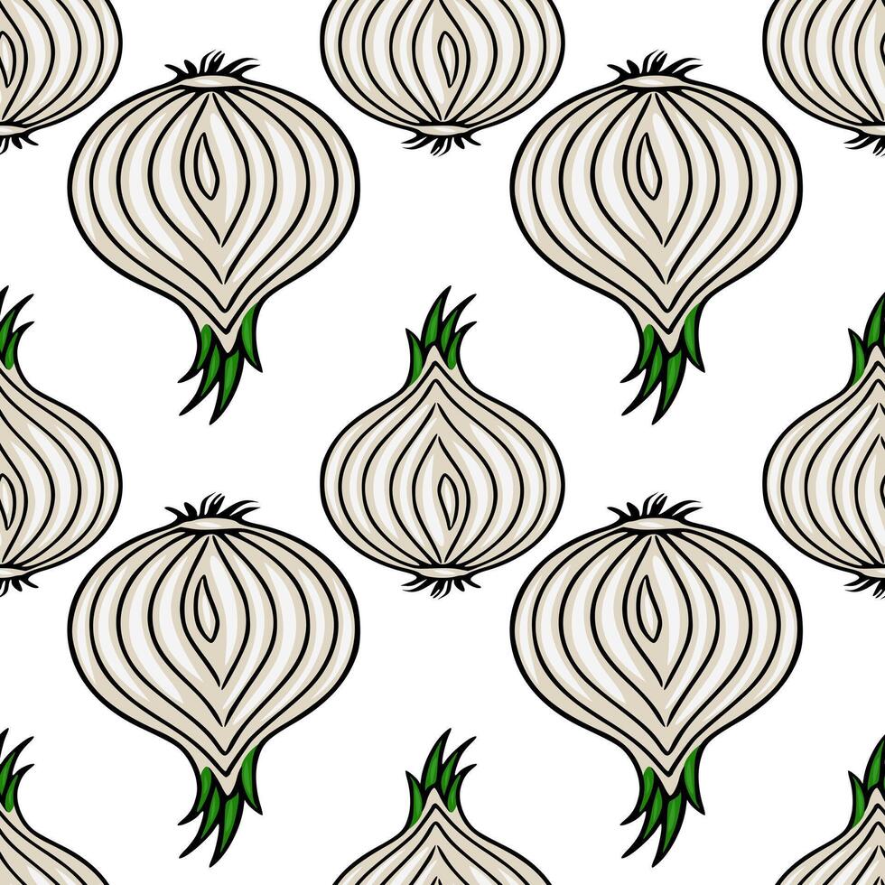 Seamless pattern of stylized onions with green sprouts, featuring a beige and white color scheme, perfect for culinary designs or kitchenthemed projects. vector