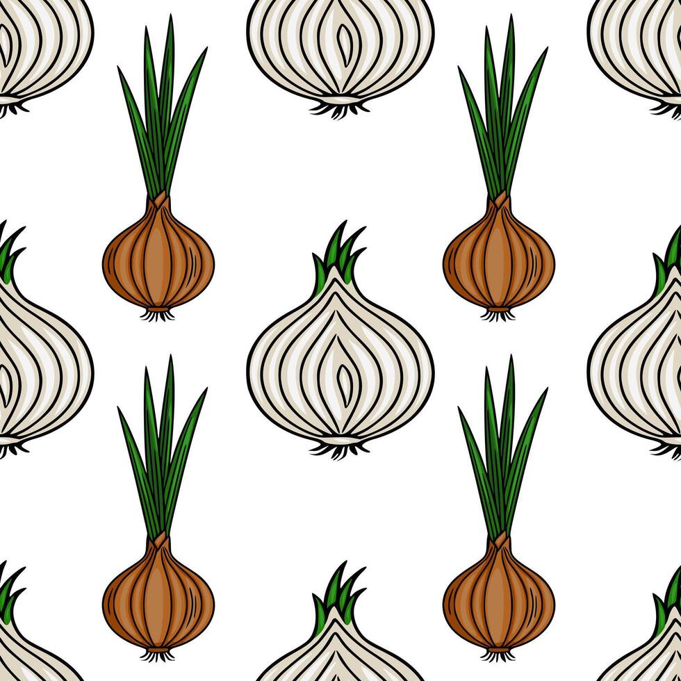 Seamless pattern of handdrawn onions with green sprouts, featuring both white and brown onion varieties in a repeating design, ideal for culinary or agricultural themes. vector