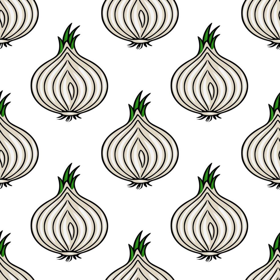 Seamless pattern of handdrawn onions with detailed layers and vibrant green sprouts, ideal for culinary designs and kitchenthemed projects. vector