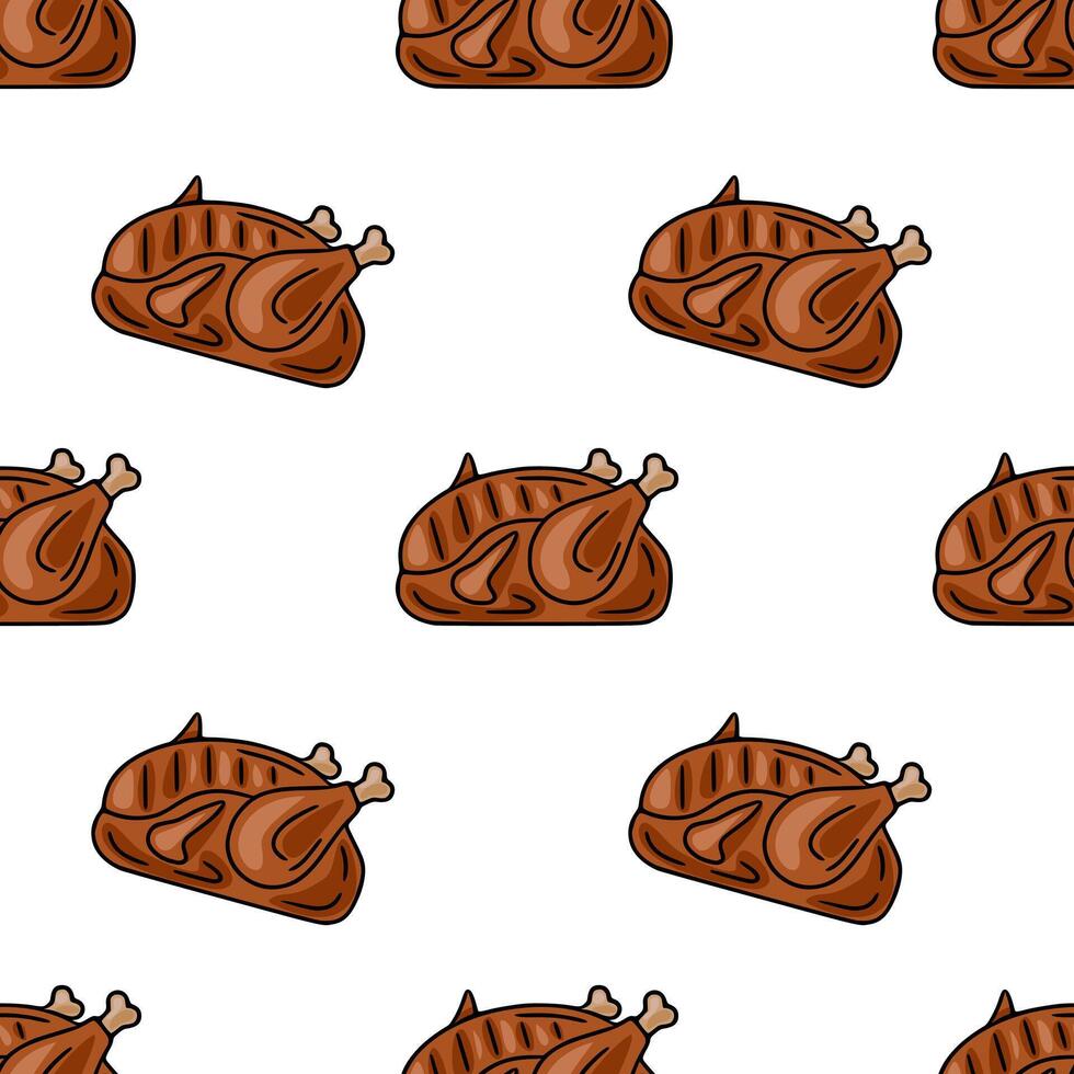 Seamless pattern of roasted chicken with grill marks, detailed illustration in brown and white, perfect for food packaging or restaurant menus. vector