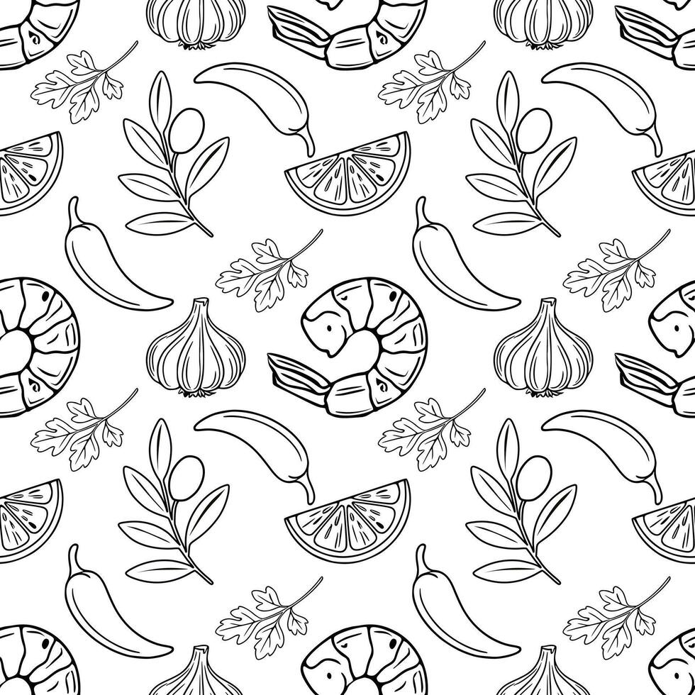 Seamless outline pattern of grilled shrimp, garlic, chili peppers, lemon slices, olives, and parsley sprigs, in a minimalist black and white line art style, perfect for culinary designs and foodrel vector