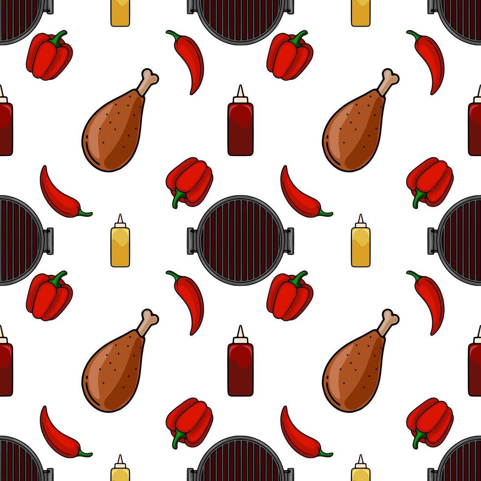 Seamless pattern featuring a playful arrangement of barbecue grill, chicken legs, red bell peppers, and chili peppers, complemented by ketchup and mustard bottles, creating a vibrant and app... vector