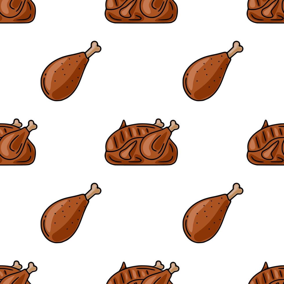 Seamless pattern of roasted chicken and drumsticks, featuring a handdrawn style with brown and beige tones, perfect for culinary designs or Thanksgiving themes. vector