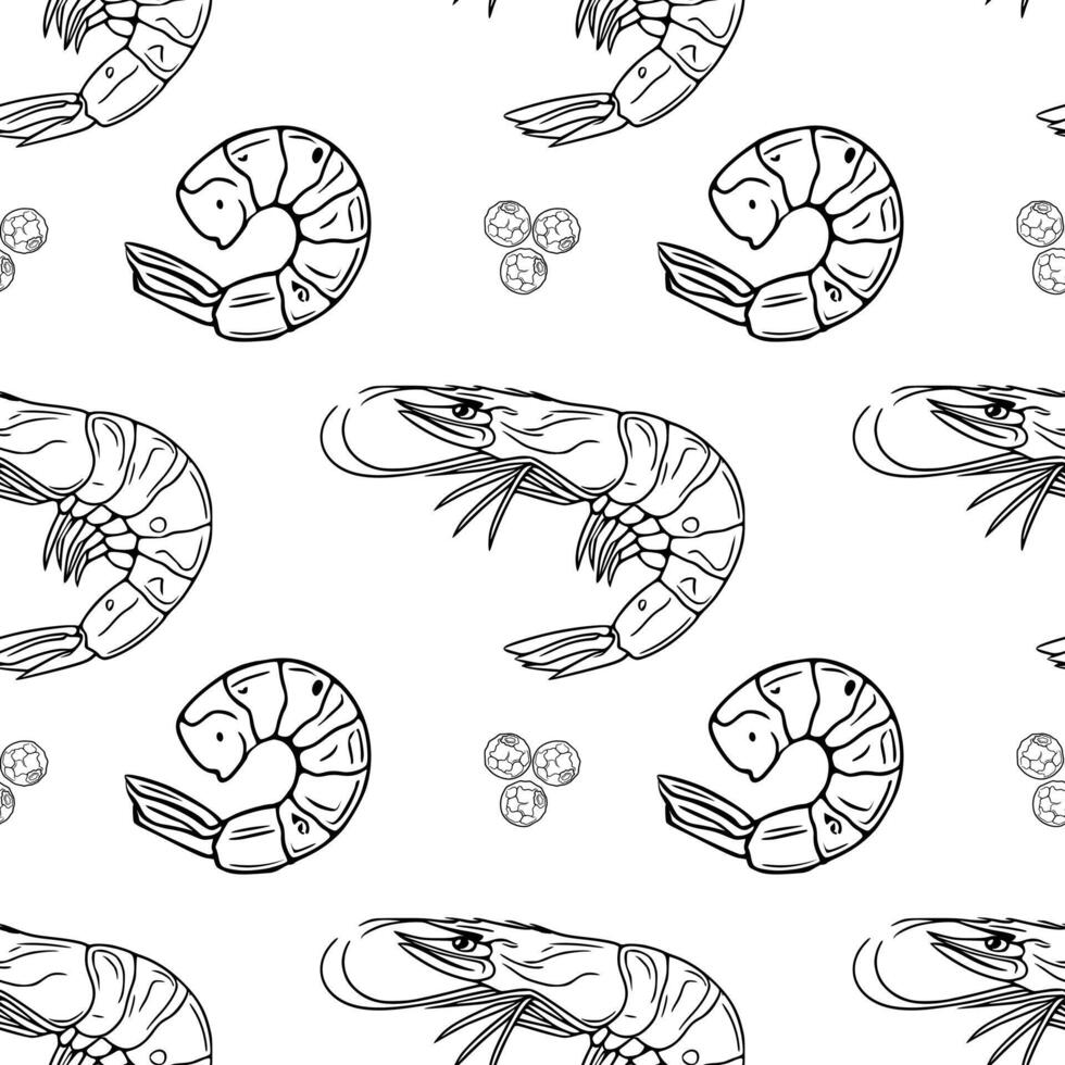 Seamless outline pattern of handdrawn shrimps and peppercorns, featuring detailed illustrations of whole and curled shrimps in a monochrome style, suitable for culinary or seafoodthemed designs. vector