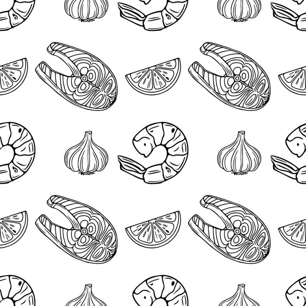 Seamless outline pattern of grilled shrimp, salmon steaks, garlic, and lemon slices in a handdrawn style, perfect for culinary designs. vector