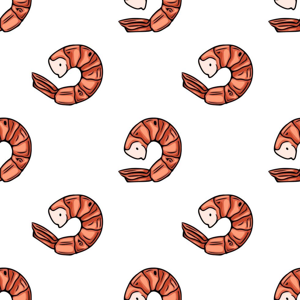 Seamless pattern of handdrawn orange shrimps on white background, perfect for food packaging or seafood restaurant menu design. vector