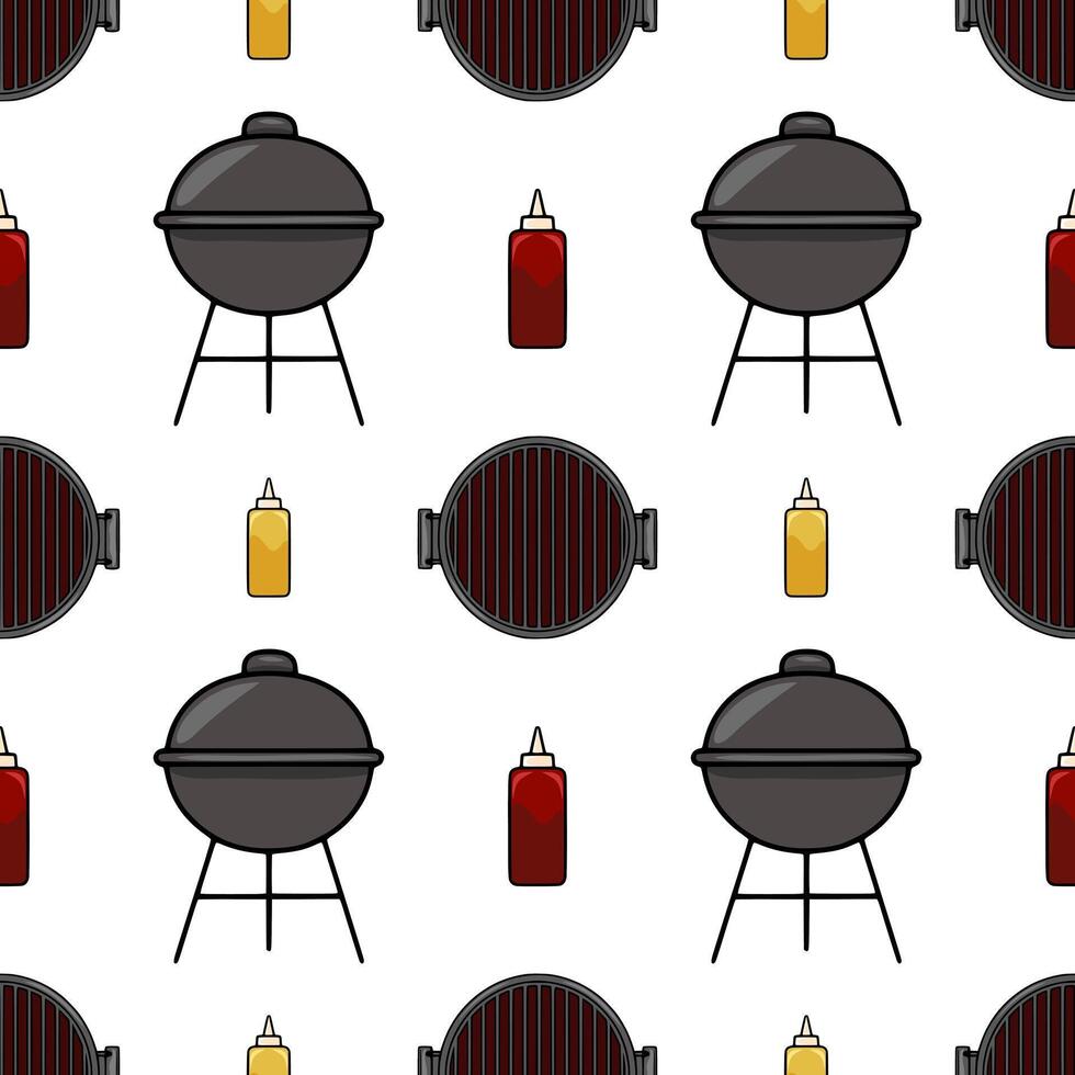 Seamless pattern of cartoon barbecue grill, ketchup and mustard bottles, perfect for summer picnic or BBQ party design. vector