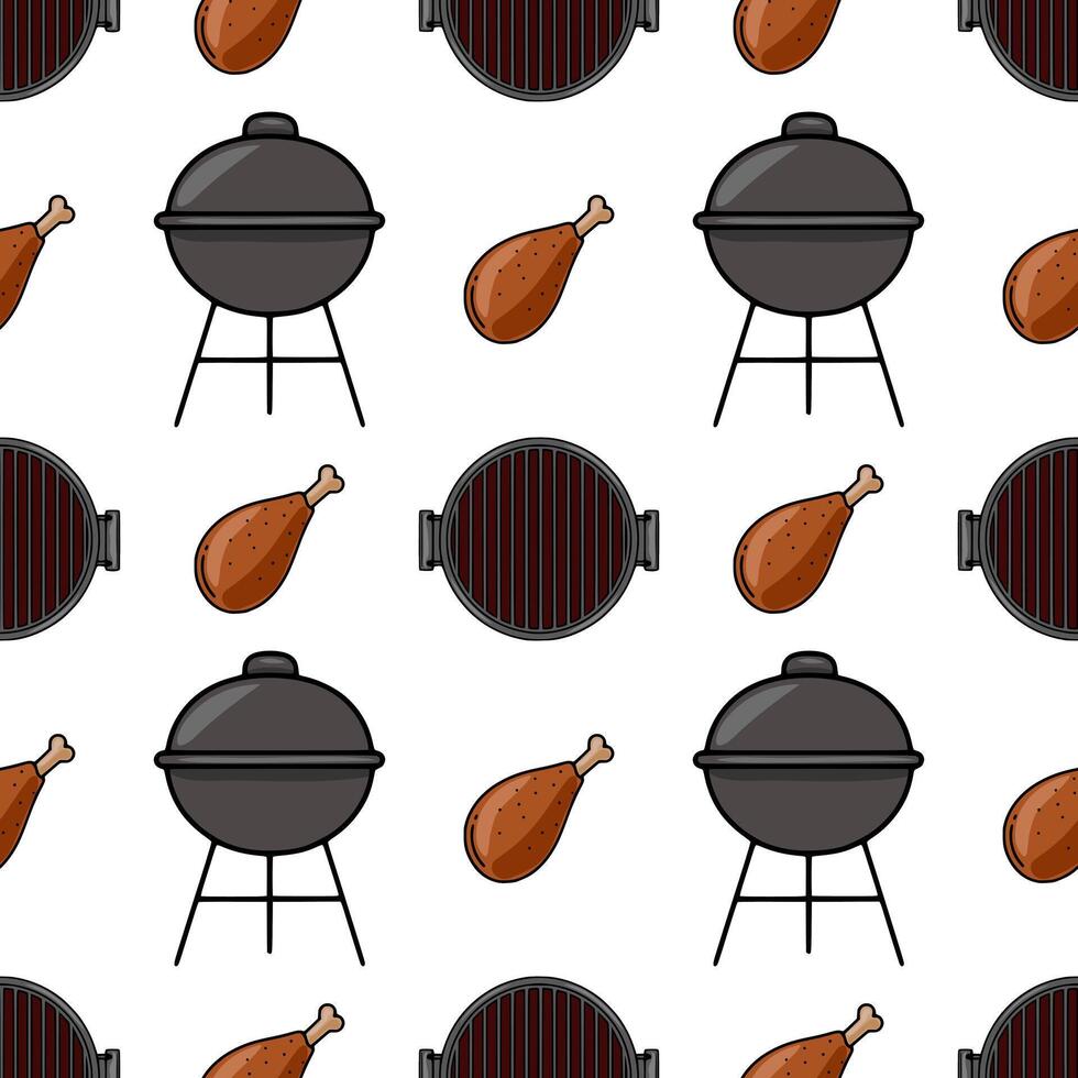 Seamless pattern of cartoon grilled chicken legs and barbecue grills, perfect for summer BBQ party invitations or food packaging design. vector