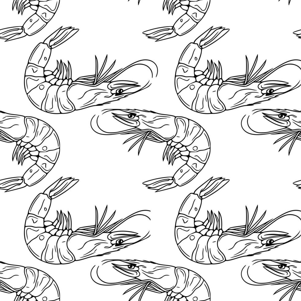 Seamless outline pattern of detailed handdrawn shrimps, featuring intricate line art and a monochrome aesthetic, perfect for culinary or seafoodthemed designs. vector
