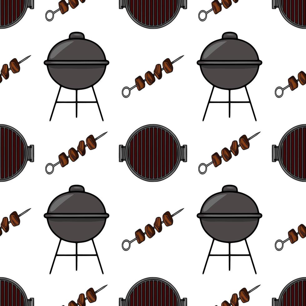 Seamless pattern featuring a cheerful illustration of charcoal grills, skewers with grilled meat, perfect for summer BBQ party design or food blog. vector