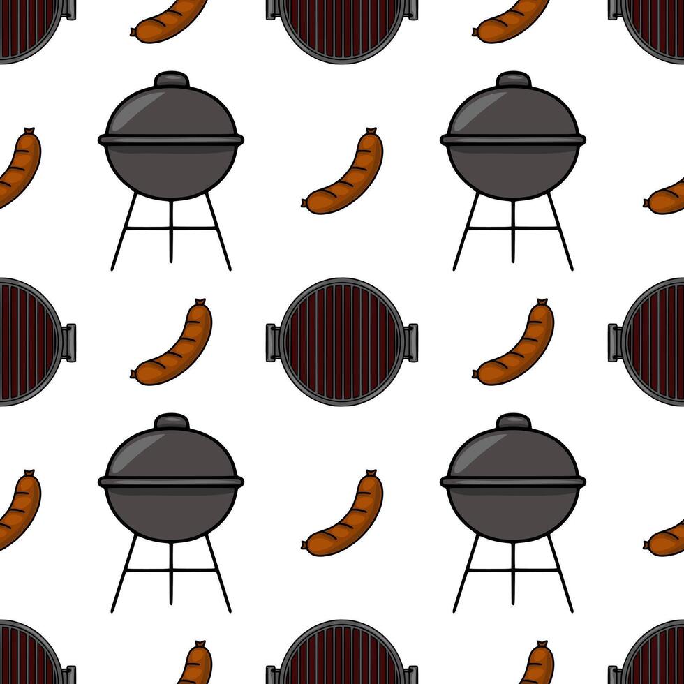 Seamless pattern of cartoonstyle charcoal grills and sausages, perfect for summer BBQthemed designs, featuring a playful and appetizing illustration. vector